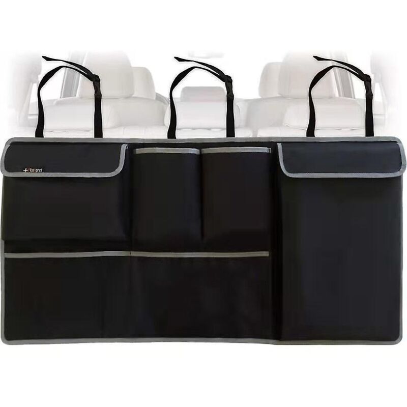 Hanging car trunk organizer, hanging backseat bag, car interior accessories with 4 pockets and 2 mesh bags, grocery storage