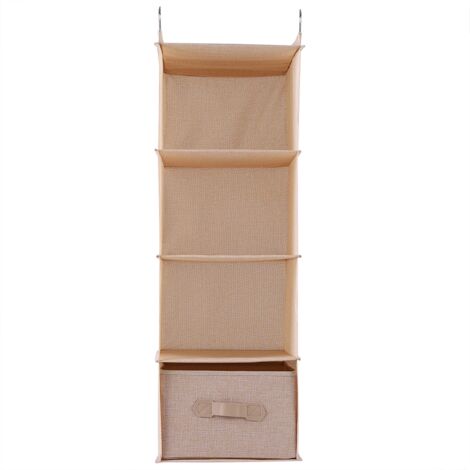 Hanging Closet Organizer Clothes Clothing Storage Holder 4 Shelves with Drawer (Beige)