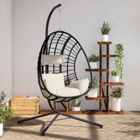 Hanging Egg Chair with Stand Beige Rattan and Steel vidaXL