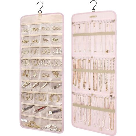Hanging Jewelry Organizer with Metal Hooks, Double Sided Jewelry Holder for Earrings, Necklaces, Rings on Closet, Wall, Door, 1 Piece, Large, Pink
