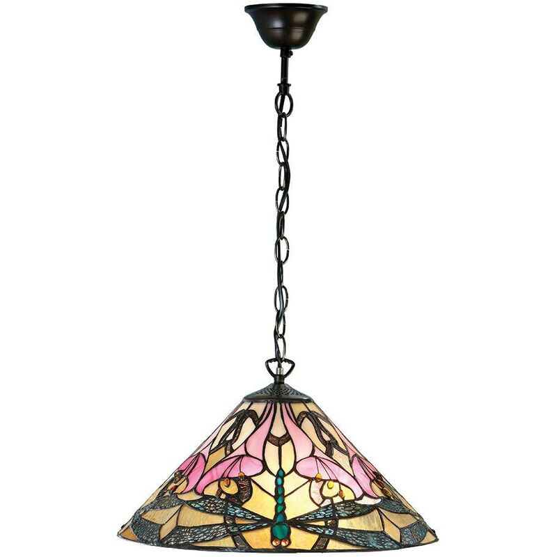 Interiors 1900 Lighting - Interiors Ashton - 1 Light Medium Ceiling Pendant Dark Bronze, Tiffany glass, E27