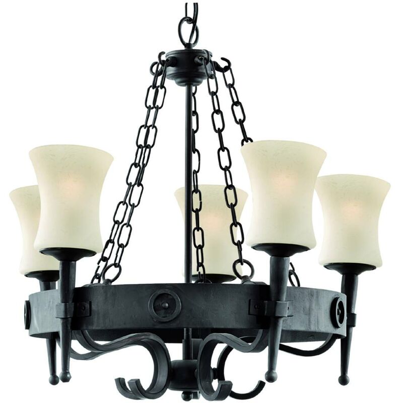 Cartwheel - 5 Light Multi Arm Ceiling Pendant Black, Scavo Glass Five, E27 - Searchlight