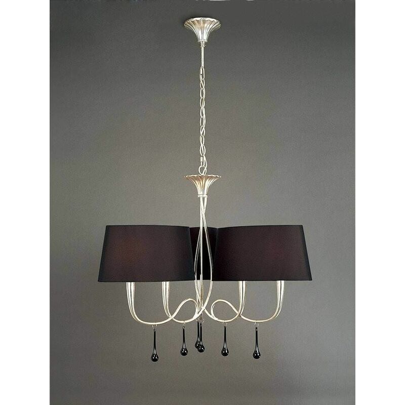 Hanging lamp Paola 3 Arm 6 Bulbs E14, silver painted with black lampshades & black glass droplets