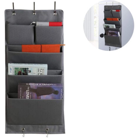 HIASDFLS Hanging Organizer Oxford Fabric Door Closet Organizer Foldable Hanging Shelf with 5 Towel Hooks Hanging Storage with 4 Large Compartments, Gray