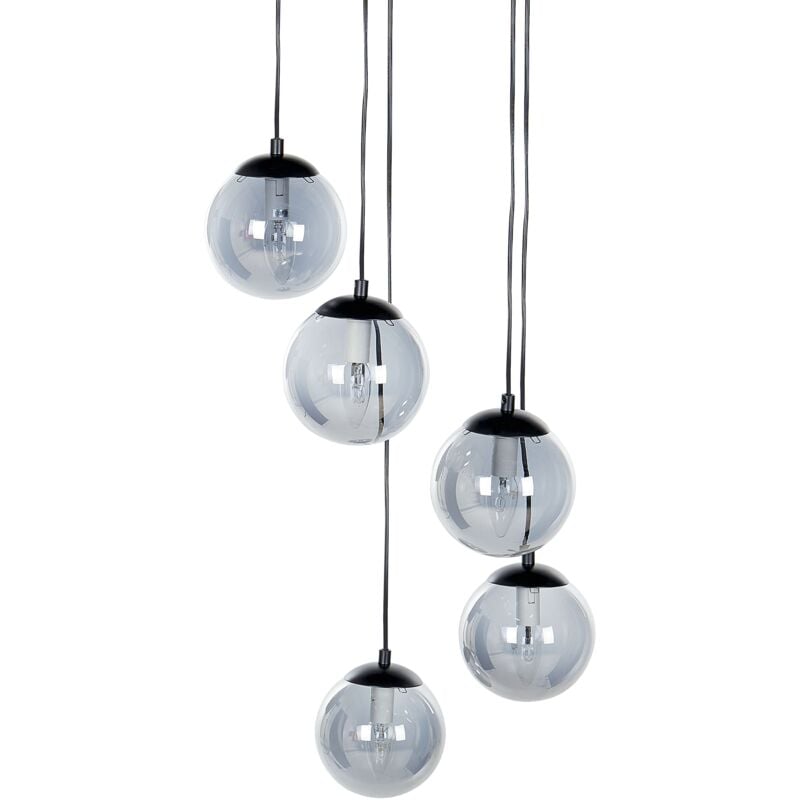 Beliani - Hanging Pendant Lamp Round Shades Smoked Glass 5 Light Metal Steel Black Base Transparent Noel