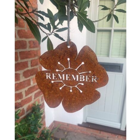 Hanging Poppy - Remember Garden Wall Art - W17.8 x H17.8 cm - Bare Metal/Ready to Rust