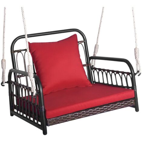 Hanging Porch Swing Chair Rattan Woven Rocking Chair w/Cushion
