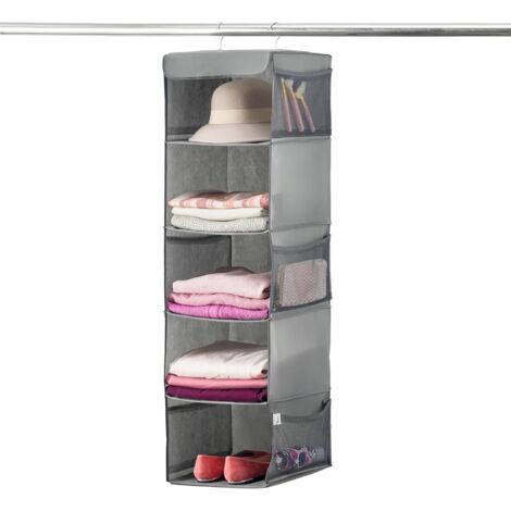 Hanging Storage Bag, 5 Compartment Fabric Storage Bag Storage Bag for Bedroom Bathroom Kitchen COOCHEER - Gray