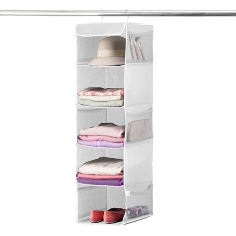 Hanging Storage Bag, 5 Compartment Fabric Storage Bag Storage Bag for Bedroom Bathroom Kitchen COOCHEER - White