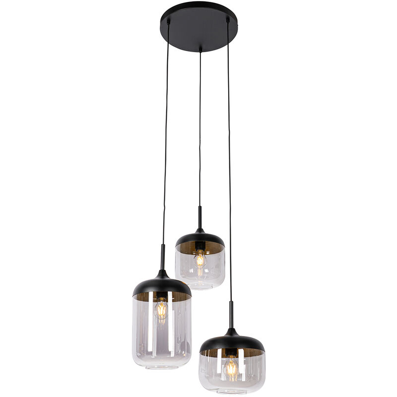 Qazqa Hängelampe Schwarz Mit Gold Und Rauchglas, 3-flammig, Rund – Kyan
