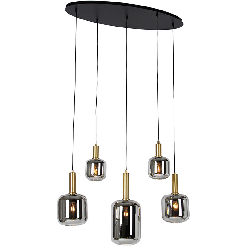 Qazqa Hängelampe Schwarz Mit Gold Und Rauchglas Oval 5-flammig – Zuzanna
