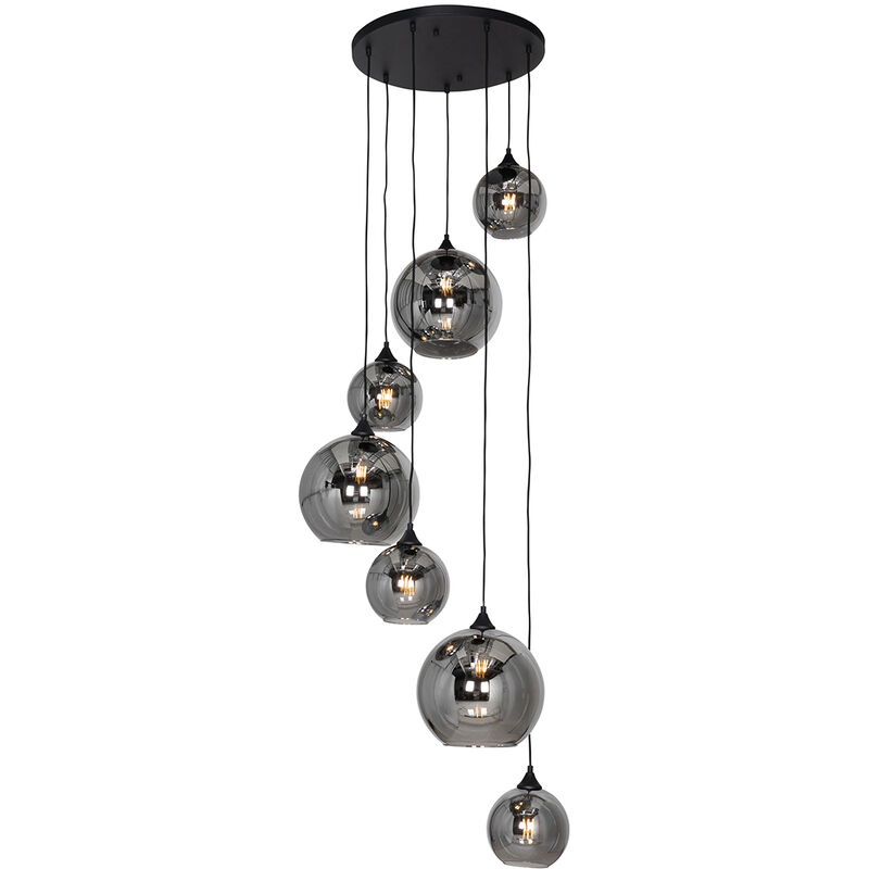 Qazqa Art Deco Pendant Light Black With Smoke Glass Round 7-light - Sandra