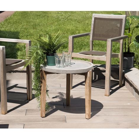 HANS - Table d'appoint de jardin ronde béton 50x50 cm pieds en bois acacia - Gris
