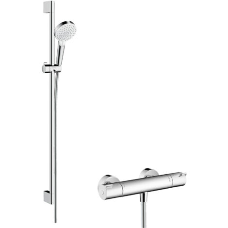Hansgrohe 27813400 Crometta Shower system for exposed installation Vario with Ecostat 1001 CL thermostat and shower bar 90 cm - White/Chrome