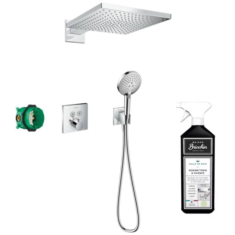 Hansgrohe - Colonne de douche encastrée thermostatique ShowerSelect Square chromé + nettoyant Briochin