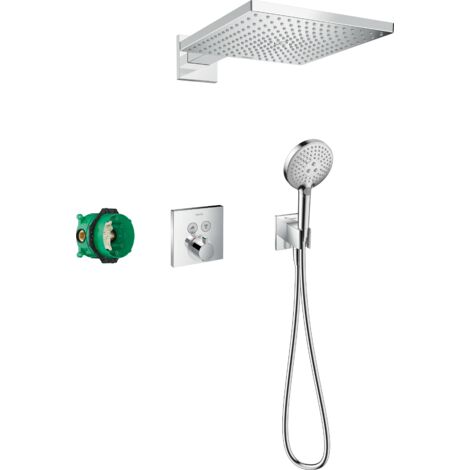 Hansgrohe – Colonne de douche encastrée thermostatique – Douche de tête 300x300mm – Jet RainAir – Mitigeur thermostatique – Finition chromée