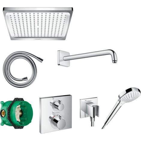Hansgrohe – Colonne de douche encastrée thermostatique – Mitigeur thermostatique – Douche de tête orientable 240x240mm – 3 types de jet – Installation murale
