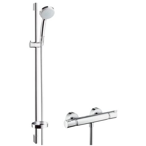 hansgrohe Croma 100 système de douche en surface Vario avec thermostat Ecostat Comfort et rail de douche 90 cm, 27035000, chromé - 27035000