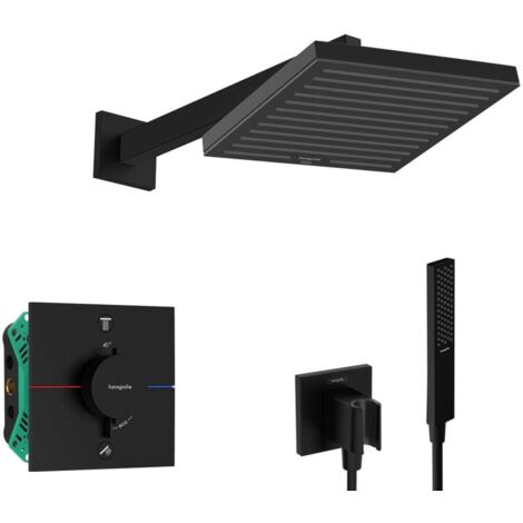 Hansgrohe - Conjunto de ducha con termostato para instalación empotrada, con cuerpo, 26x26 cm, negro mate SANI21HHH403