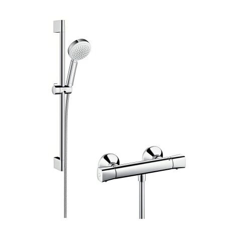 Hansgrohe Crometta 100 Brausesystem Aufputz Vario mit Ecostat Universal Thermostat und Brausestange 65 cm, 27030400, weiß/ chrom - 27030400