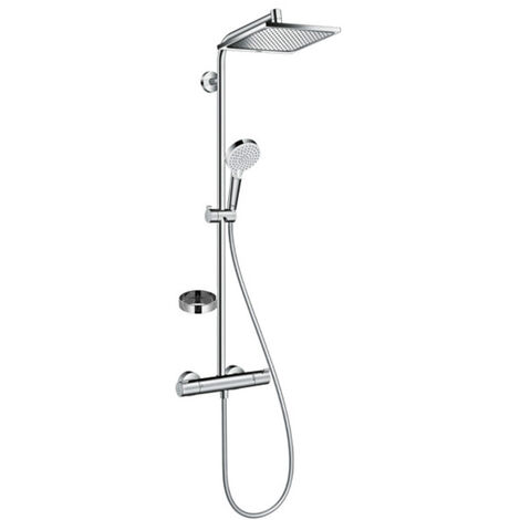 Hansgrohe Duschsäule mit Thermostatmischer + Kopfbrause Crometta E 240 + Handbrause 2 Strahlarten + Seifenschale