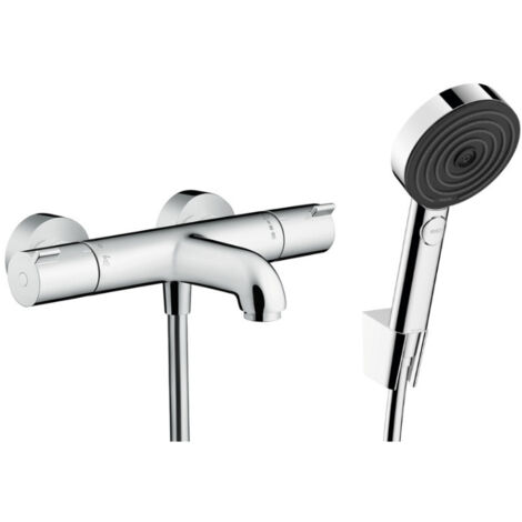 Hansgrohe Ecostat Set Mitigeur Thermostatique bain/douche + Douchette à main 105mm 3 jets + Flexible douche 160cm + Support mural, Chrome