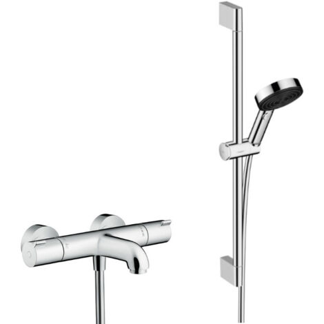 Hansgrohe Ecostat Set Mitigeur Thermostatique bain/douche + Douchette à main XXL 105mm 3 jets, flexible douche 160cm, barre 65cm