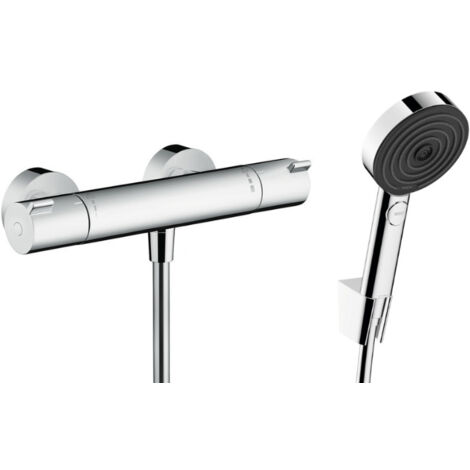 Hansgrohe Ecostat Set Mitigeur thermostatique douche + Douchette à main XXL 105mm 3 jets + Flexible de douche 125cm, support mural, Chrome