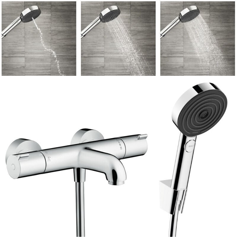 Ecostat Set Thermostatic bath/shower mixer + Hand shower 105mm 3 jets + Shower hose 125cm + Wall bracket, Chrome - Hansgrohe