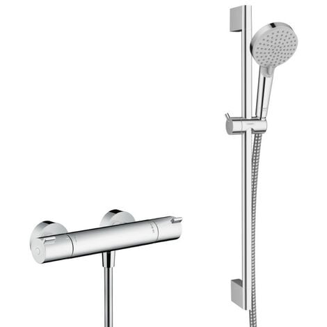 Hansgrohe Ecostat Thermostatmischer-Set + 65 cm Stange + 2-Strahl-Handbrause + Brauseschlauch, Chrom (13211000-Lack)