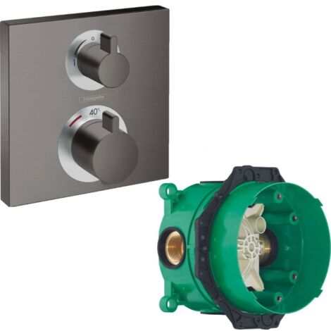 HANSGROHE Facade thermostatique encastré Ecostat Square avec robinet d'arrêt et inverseur noir chromé brossé + corps encastré