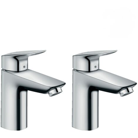 Hansgrohe Logis 2er Pack Waschtischmischer 100, mit Zuggriff und Ablaufgarnitur aus Kunststoff, Chrom (71100000-DUO)