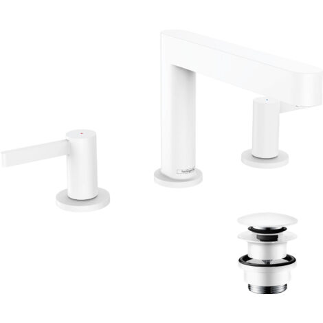 HANSGROHE Mezclador de lavabo con 3 orificios 110, desagüe Finoris push-open blanco mate