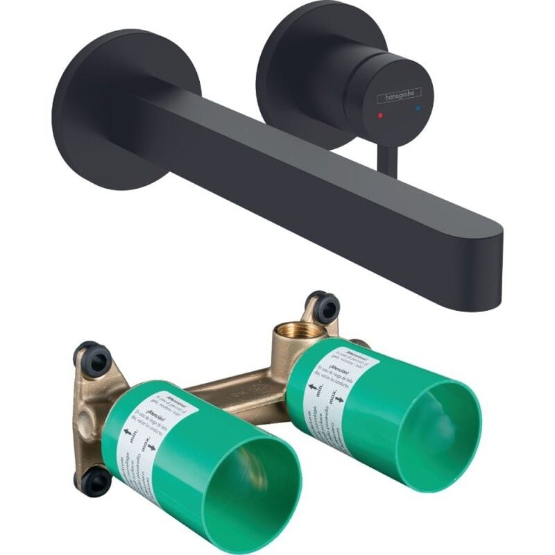 Hansgrohe - Mitigeur lavabo mural Finoris 255 mm + bonde à écoulement libre Noir mat + Corps encastré