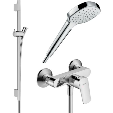 HANSGROHE Pack mezclador de ducha mecánico Logis + barra Unica S Puro + flexible + rociador Croma Select E blanco/cromo