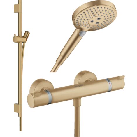 HANSGROHE Pack mezclador termostático de ducha Ecostat Comfort + barra Unica + flexible + rociador Raindance 3 jets bronce cepillado