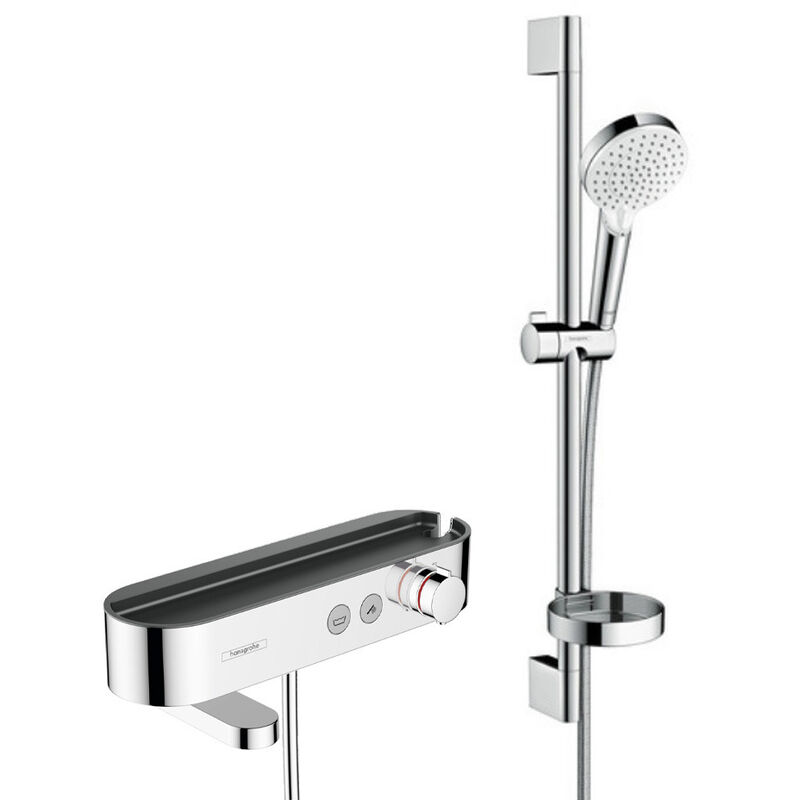 Pack Mitigeur thermostatique bain/douche 400 avec tablette, bec déverseur rotatif + Set de douche 2 jets, Chrome - Hansgrohe