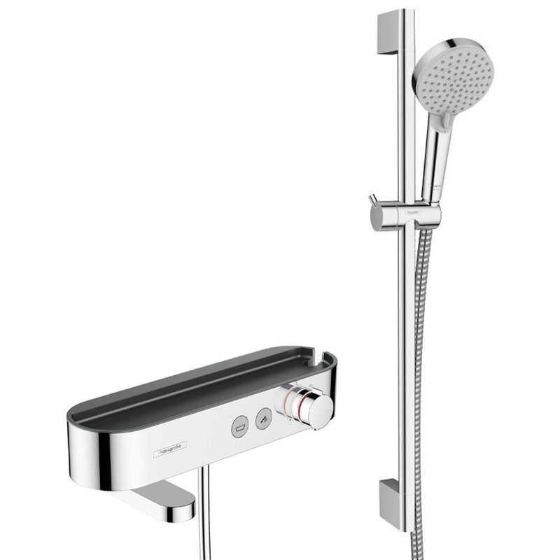 Hansgrohe - Pack Mitigeur thermostatique bain/douche 400 avec tablette, bec déverseur rotatif + Set de douche 2 jets, Chrome