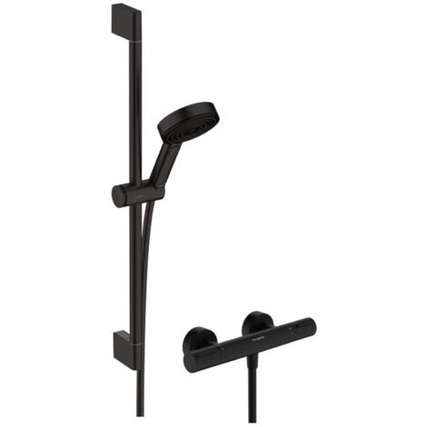 Hansgrohe – Colonne de douche sans robinetterie noir mat – Thermostat intégré – 3 jets EcoSmart – Pommeau 105mm – Longueur flexible 1600mm – 24272670
