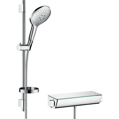 hansgrohe Raindance Select S Brausesystem Aufputz 150 3jet mit Ecostat Thermostat und Brausestange 65 cm Chrom, 27036000