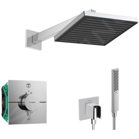 Hansgrohe - Set de douche avec thermostat encastré, corps d’encastrement, 26x26 cm, chrome SANI21HHH003