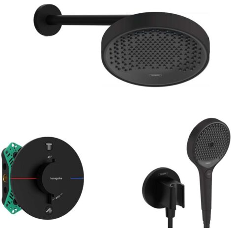 Hansgrohe - Set de douche avec thermostat encastré, corps d’encastrement, diamètre 25 cm, 3 jets, noir mat SANI21HHH406