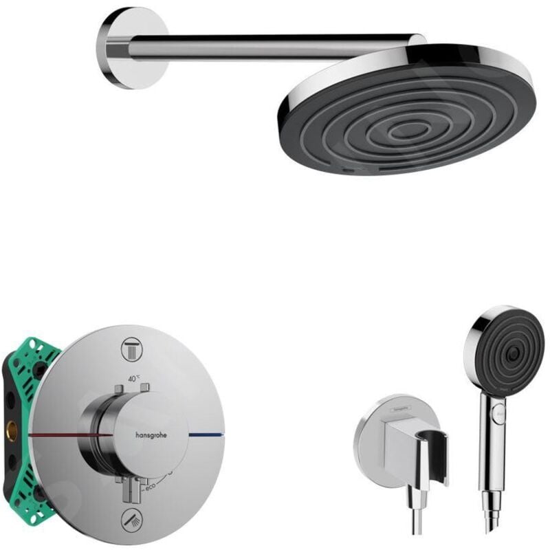 Hansgrohe - Set de douche avec thermostat encastré, corps d'encastrement, diamètre 26 cm, 3 jets, chrome SANI21HHH002