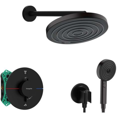 Hansgrohe - Set de douche avec thermostat encastré, corps d’encastrement, diamètre 26 cm, 3 jets, noir mat SANI21HHH402