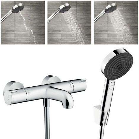 Hansgrohe Set Ecostat Miscelatore termostatico per vasca/doccia + doccetta 105mm 3 getti + flessibile doccia 160cm + supporto, cromo