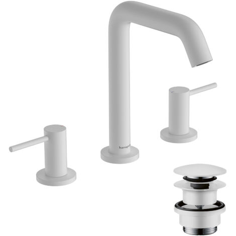 Hansgrohe Tecturis S - Grifo de lavabo, con desagüe Push-Open, instalación de 3 orificios, EcoSmart, blanco mate 73330700