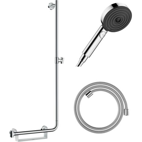HANSGROHE Unica 110 PMR barra de ducha con tirador a la izquierda Cromo + Rociador Pulsify Select 3 chorros + Flexo Designflex 160 cm