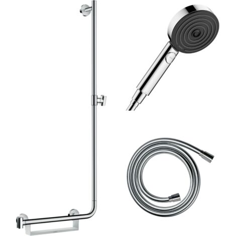 HANSGROHE Unica 110 PMR barra de ducha con tirador a la izquierda Cromo + Rociador Pulsify Select 3 chorros + Flexo Isiflex 160 cm