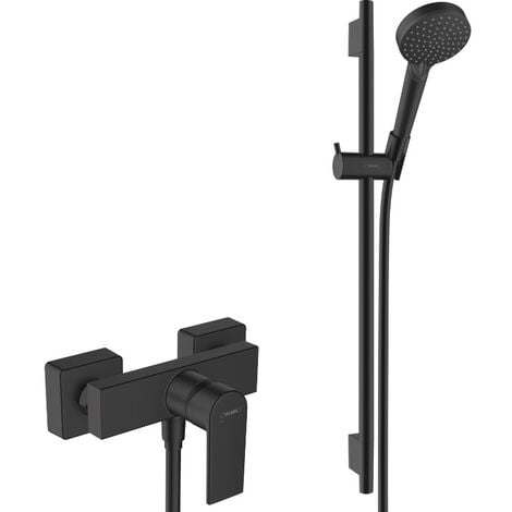 Hansgrohe Varnish Shape Brausegarnitur mit Brausebatterie + 2-Strahl-Handbrause + 65-cm-Stange, Mattschwarz (71650670-Vernis)