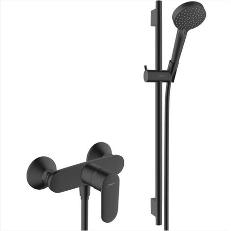 Hansgrohe Vernis Blend Brauseset mit Mischbatterie + 2-Strahl-Handbrause + Brausestange 65 cm, Mattschwarz (71640670-Vernis)
